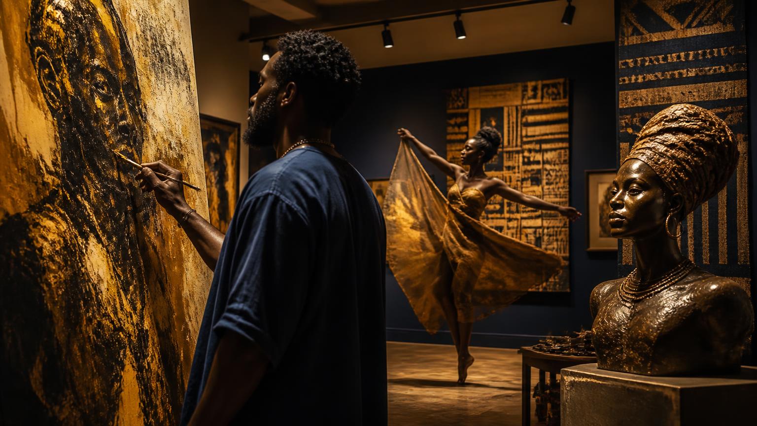 A painter at work surrounded by textiles, masks and sculpture