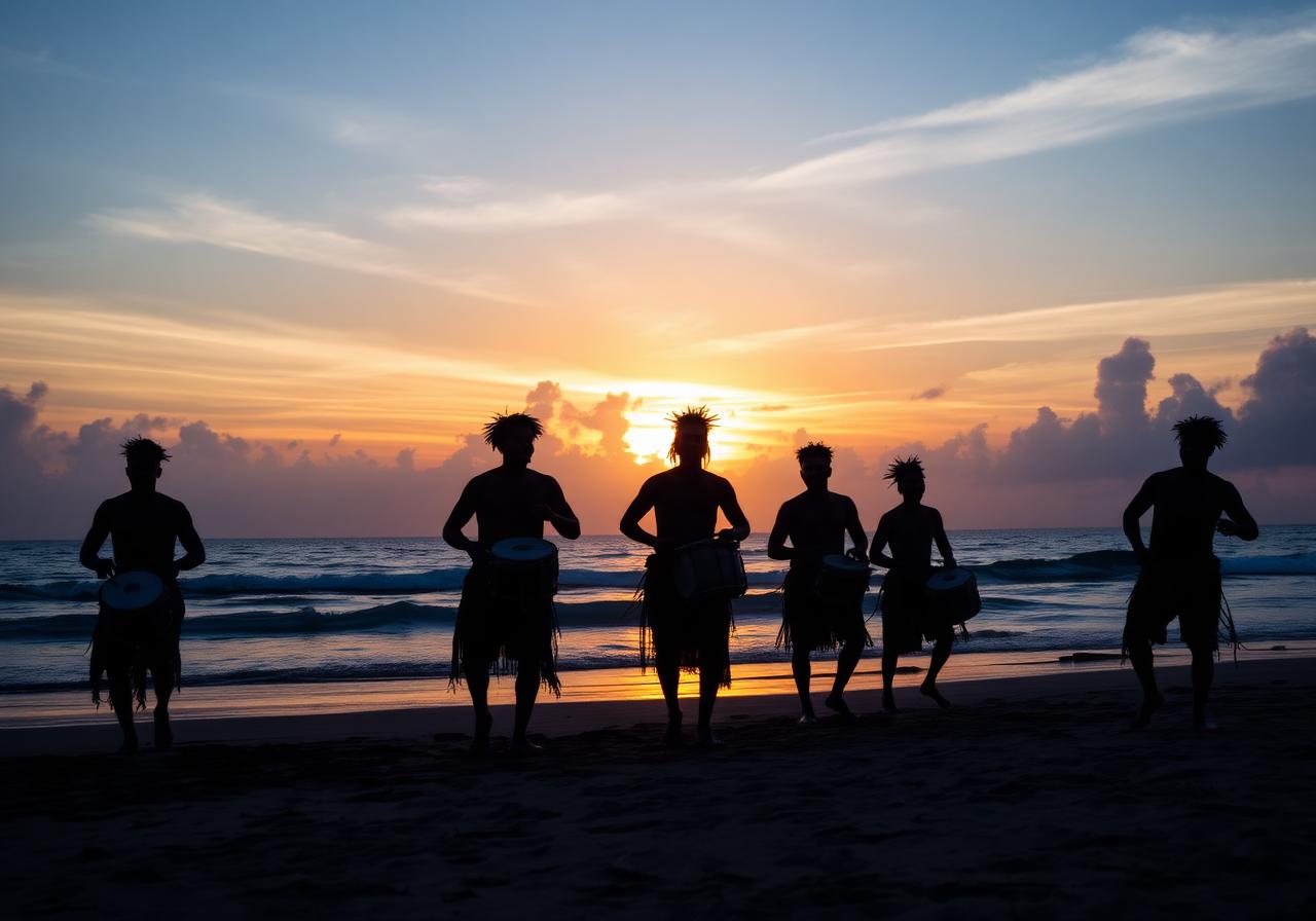 Garifuna drummers on a Honduran beach at sunset