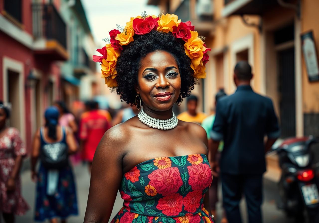 Afro-Panamanian woman in pollera dress on a Portobelo street
