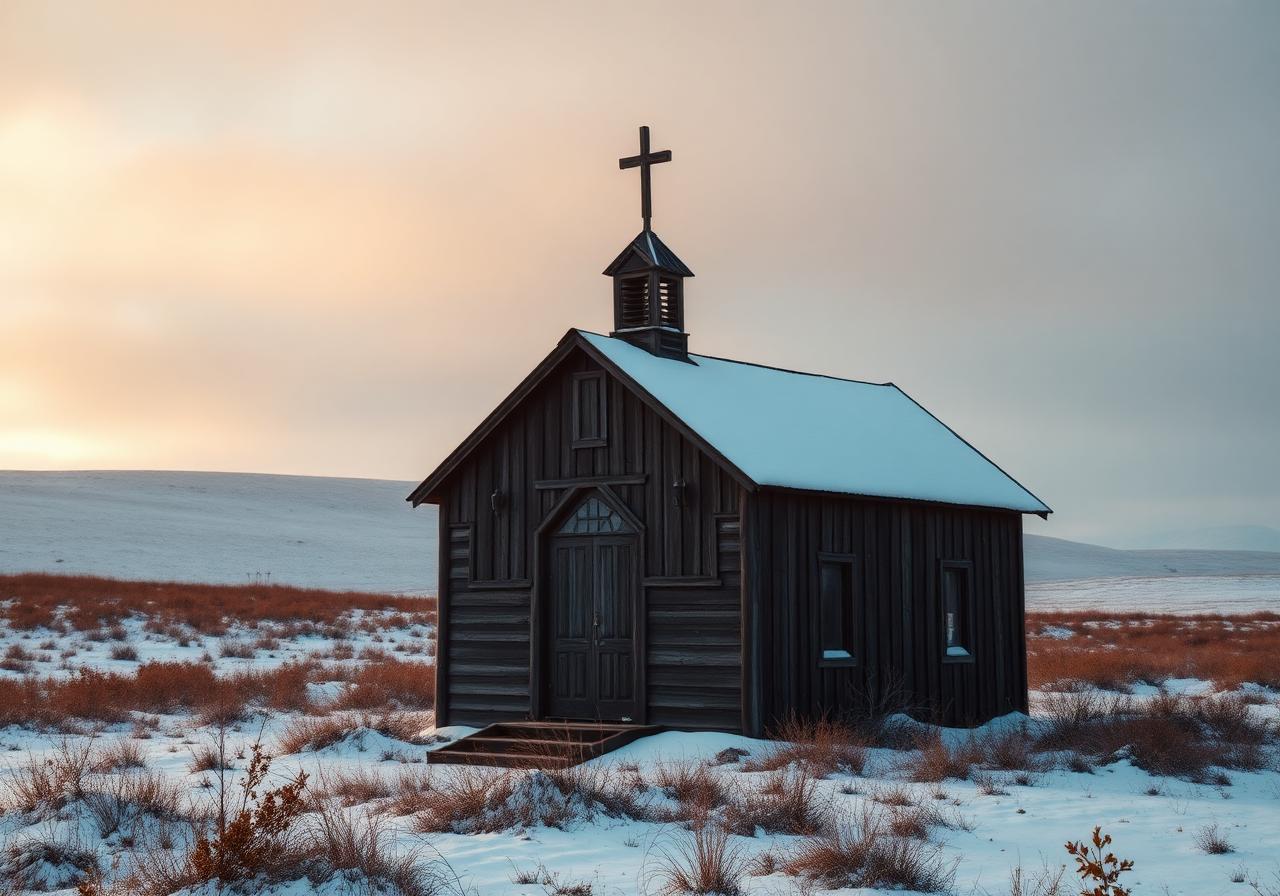Weathered Black Loyalist chapel in a snowy clearing