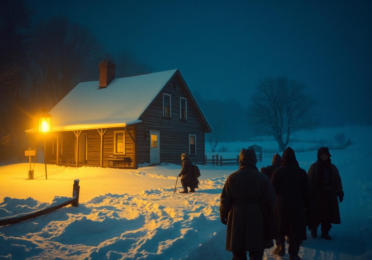 Refugees arriving at a lantern-lit farmhouse in winter