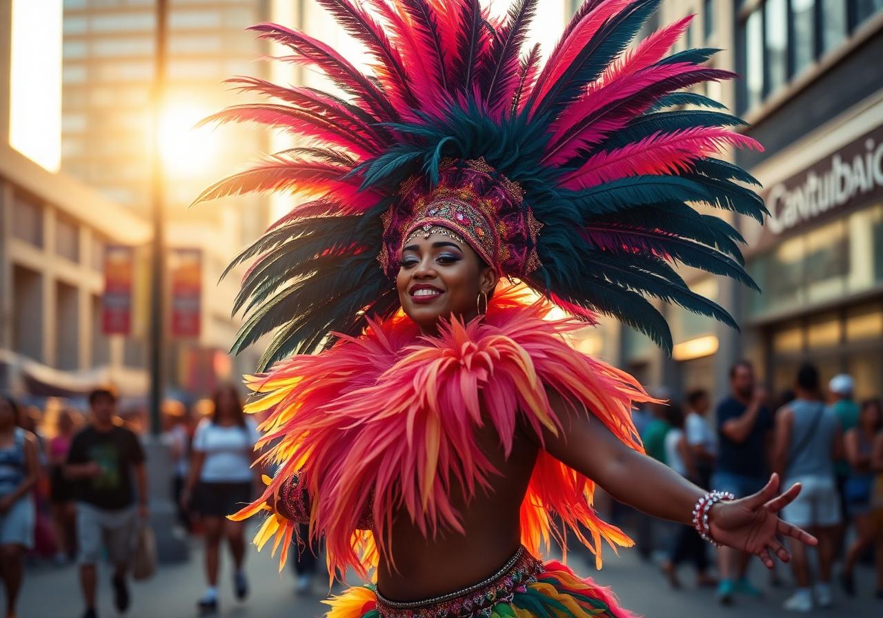 Caribana dancer in a feathered costume on a Toronto street