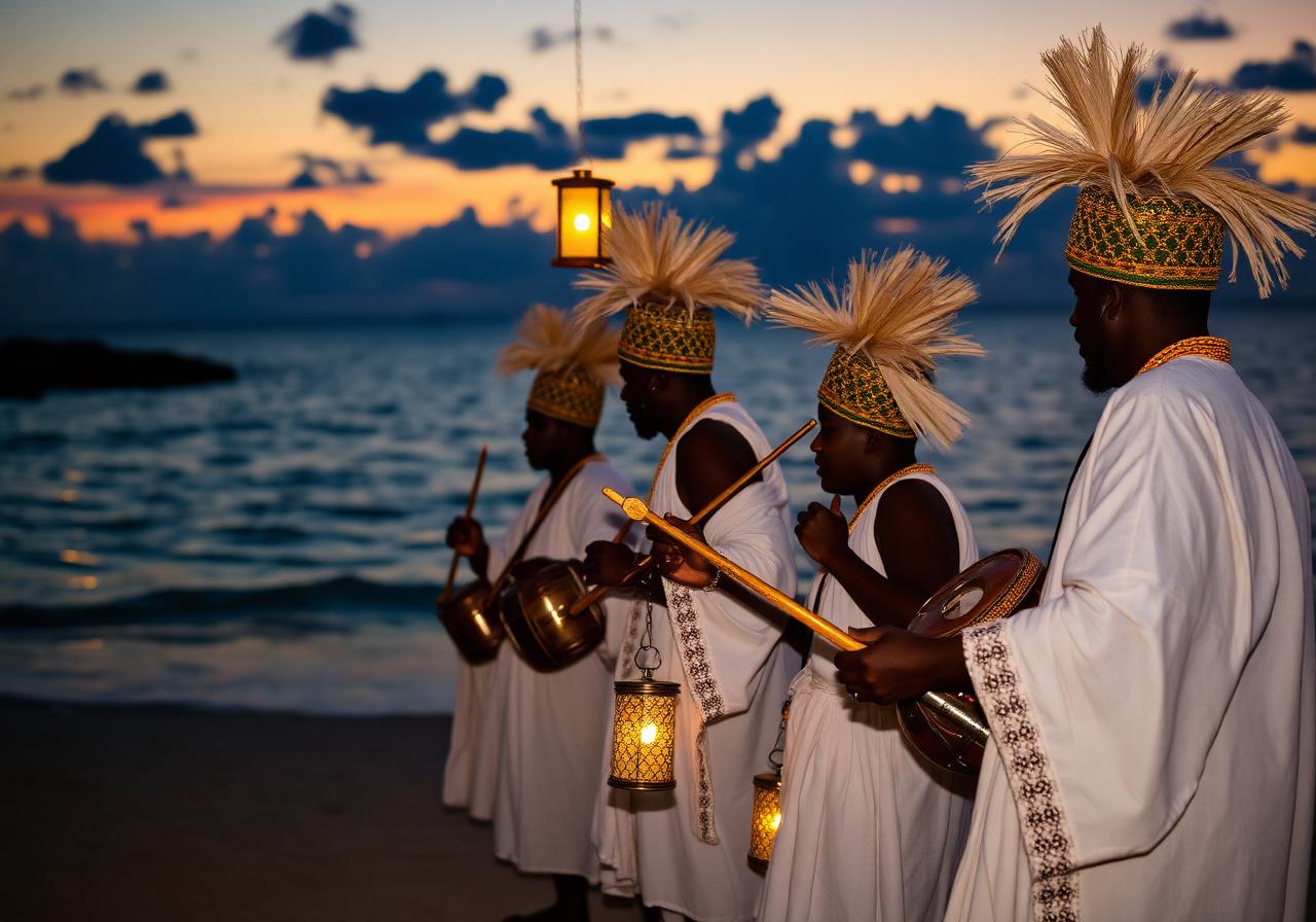Drummers in white robes on a Caribbean shore at dusk
