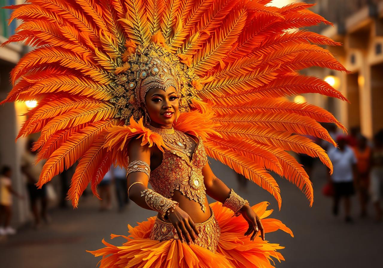 Carnival dancer in gold and feathered costume