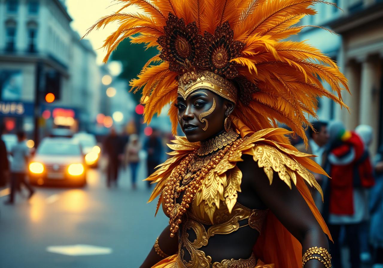 Notting Hill Carnival dancer in gold costume