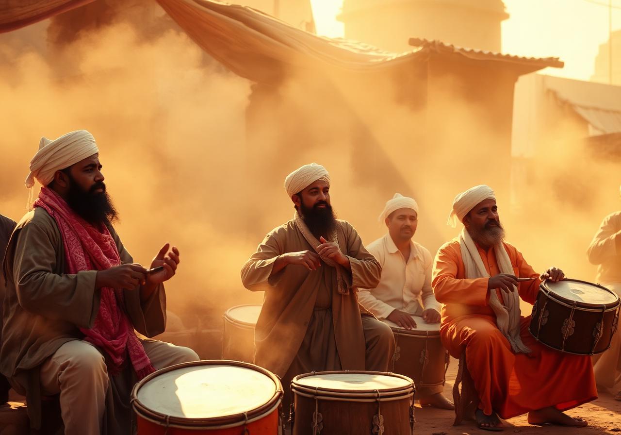 Sidi Sufi musicians playing drums in dusty golden light