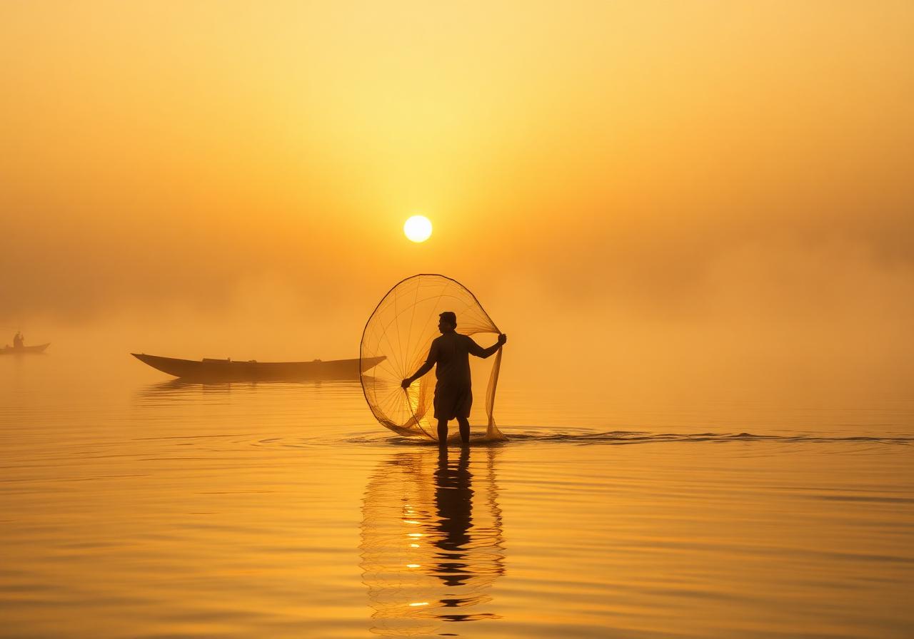 Afro-Iraqi fisherman casting a net at sunrise
