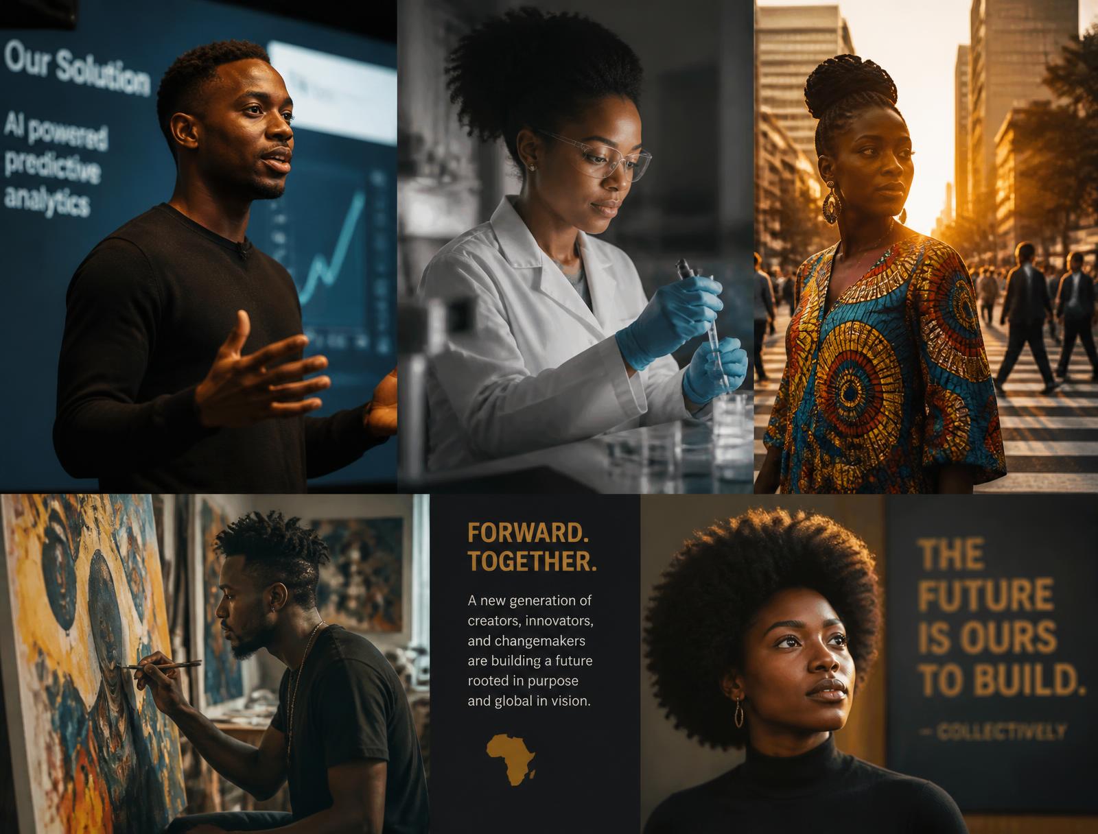 Contemporary members of the African diaspora: a founder presenting, a scientist at work, an artist painting