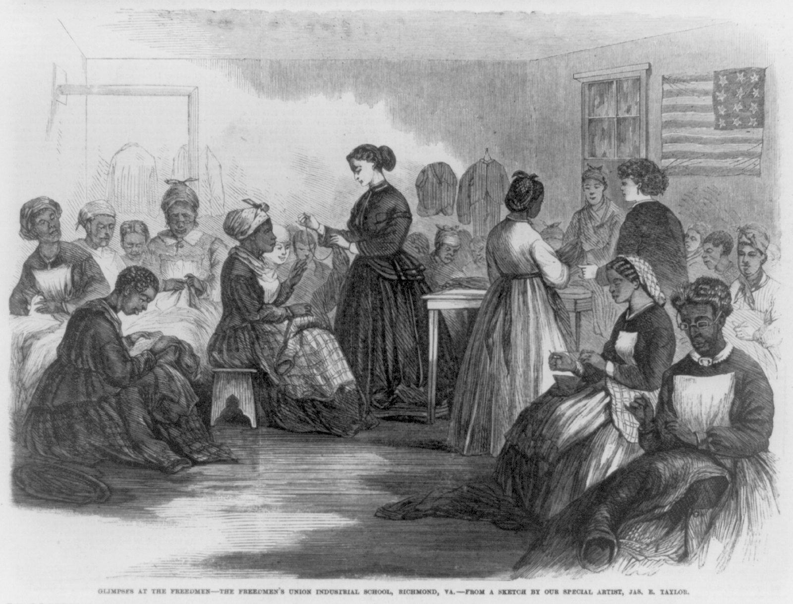 Freedwomen at work in a sewing room in Richmond, Virginia, during Reconstruction
