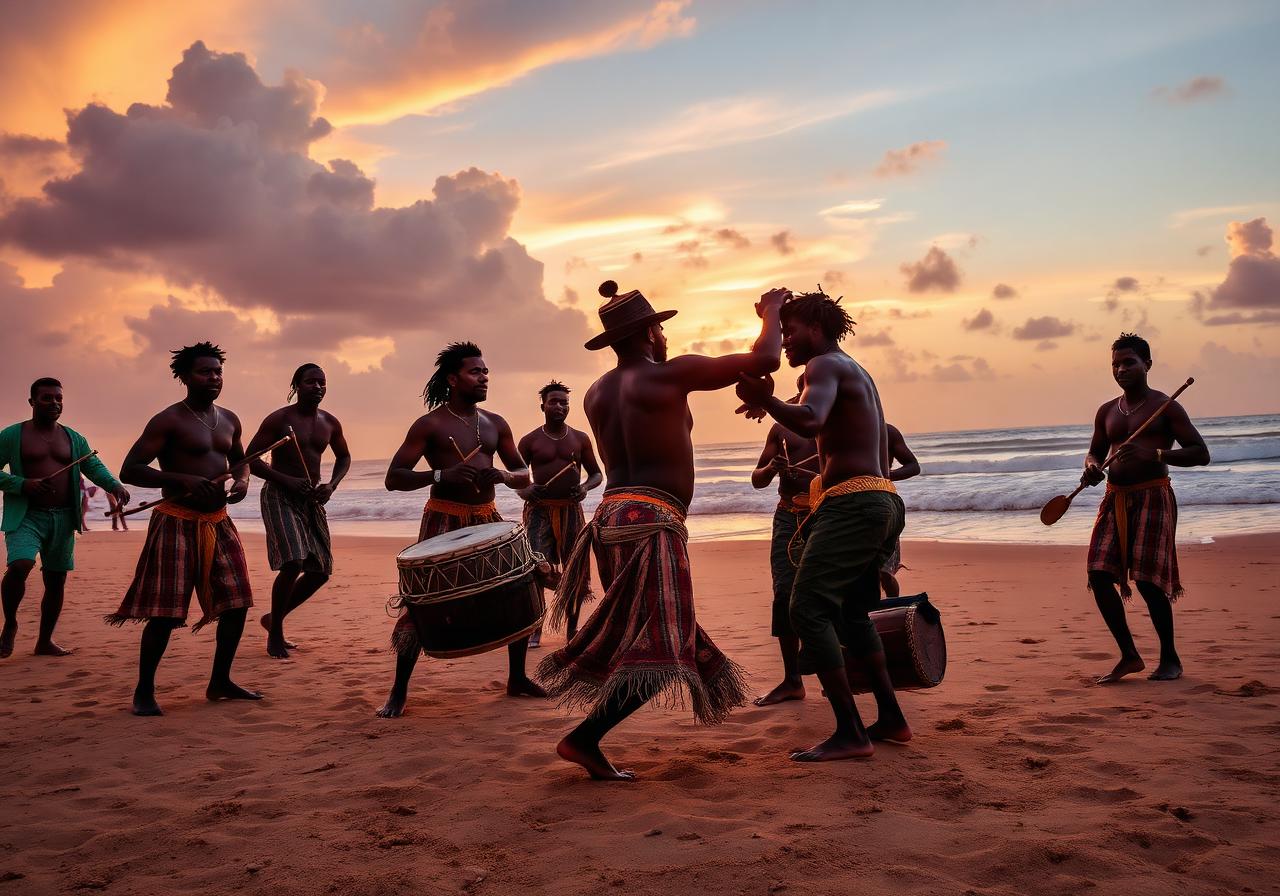 Capoeira roda on a Bahian beach at sunset