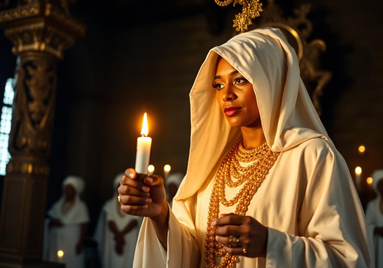 Candomblé priestess holding a candle