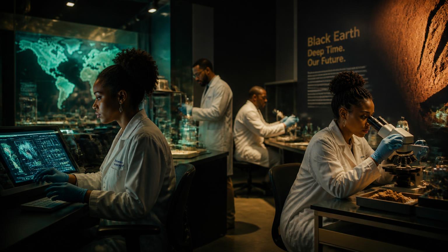 A Black researcher at a laboratory bench beside star charts and orbital diagrams