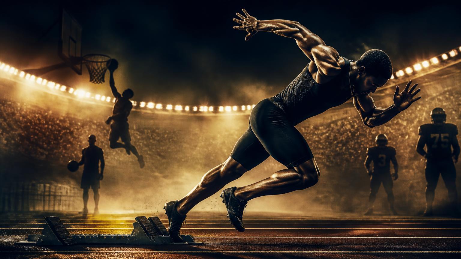 An athlete mid-stride under stadium floodlights