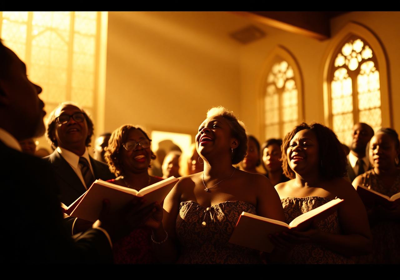 Black church choir singing in golden light