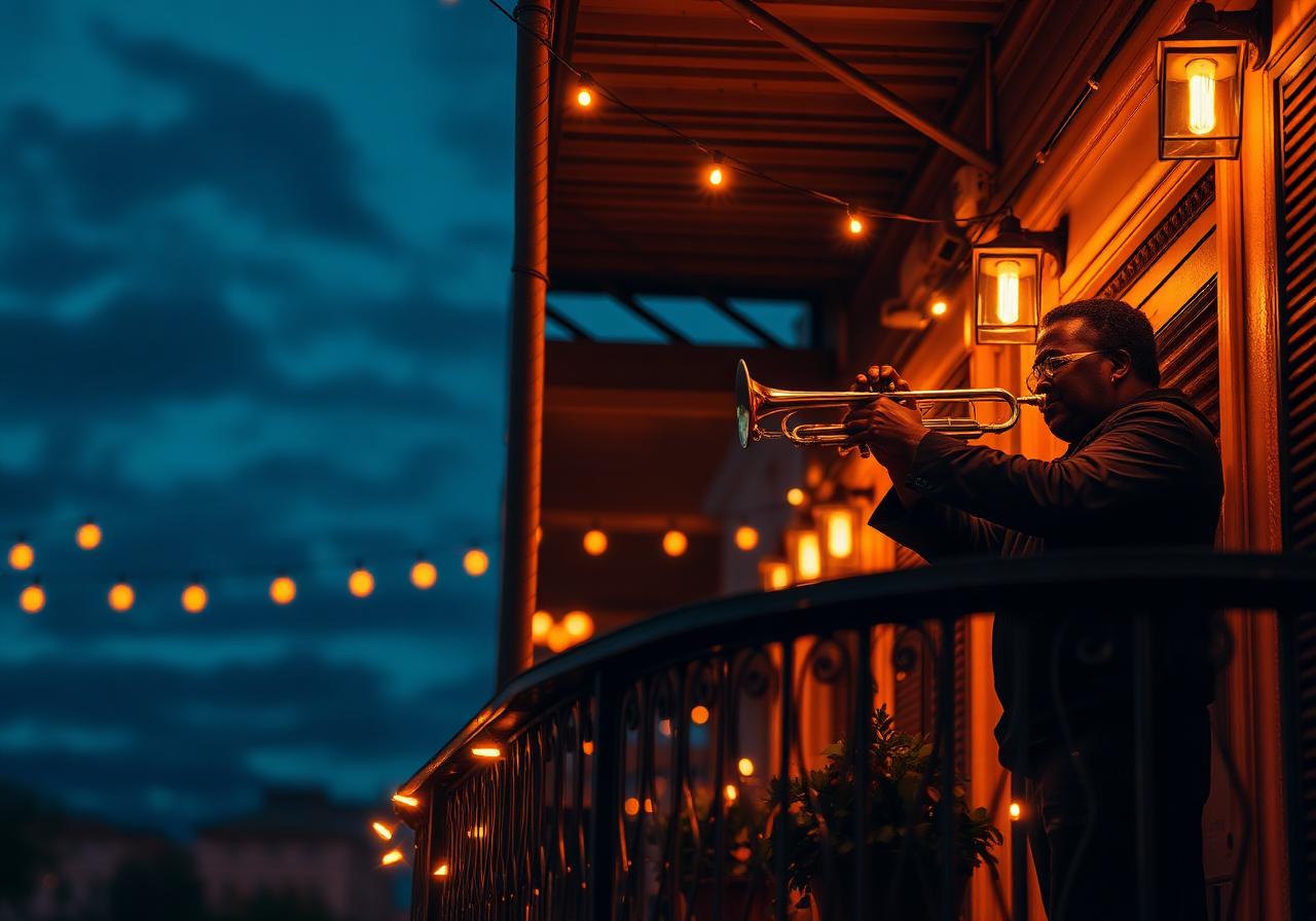 Jazz trumpeter on a New Orleans balcony at dusk