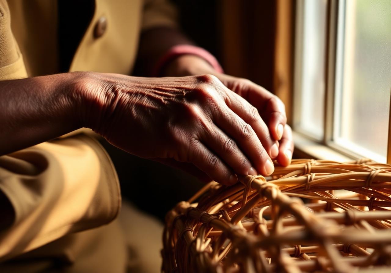 Hands weaving a sweetgrass basket